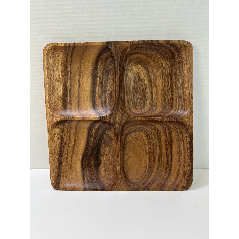 Woodard & Charles 4 Compartment Acacia Wood Serving Tray 10” square Vintage MCM